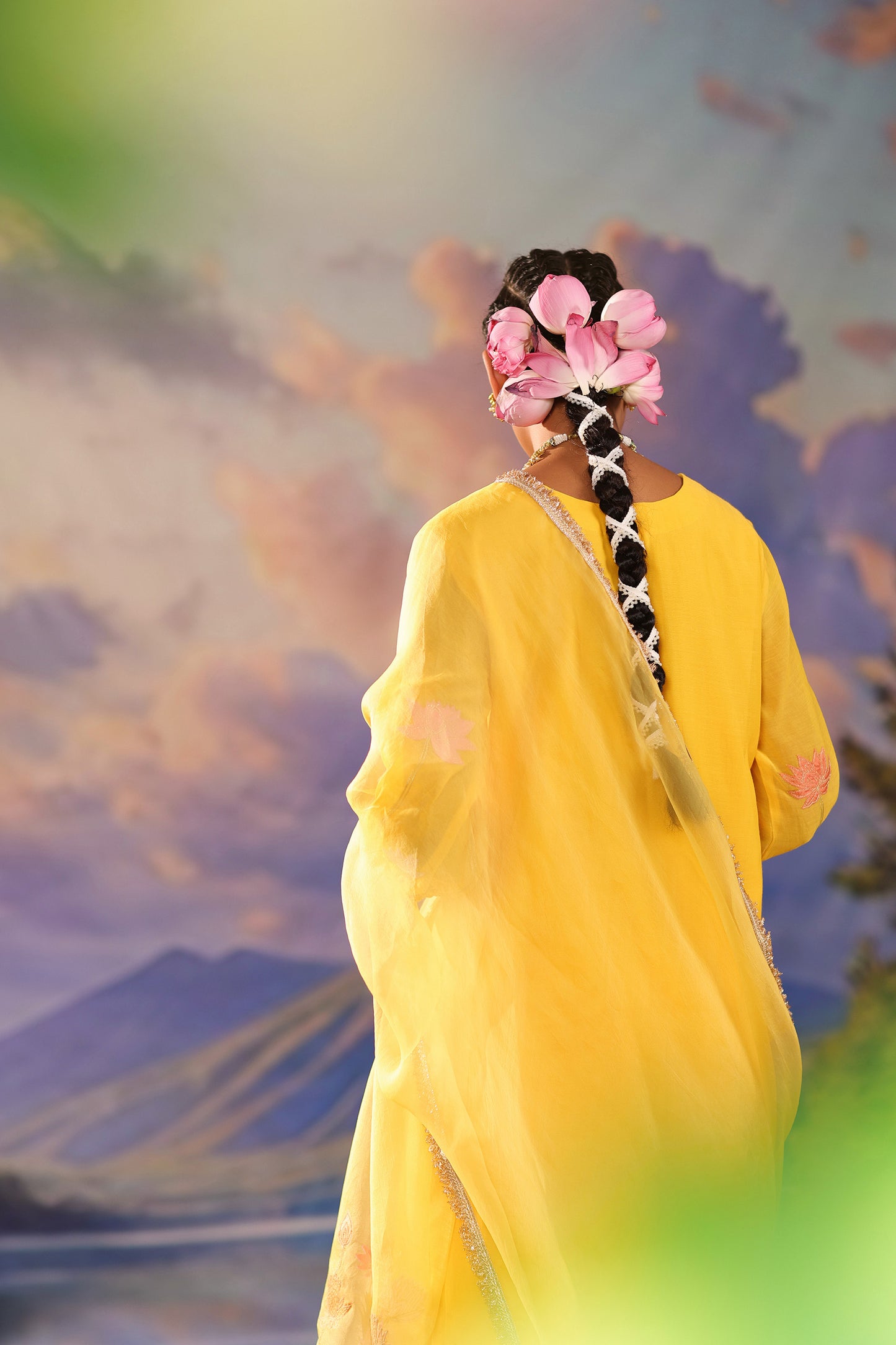 Yellow Applique Work Mul Chanderi with Palazzo Suit Set