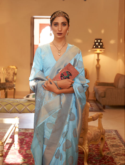 Blue Kshwetambari Copper Zari Handloom Saree