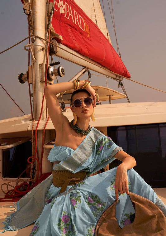 Sky Blue Khibaa Silk Chinnon Nylon Handloom Saree