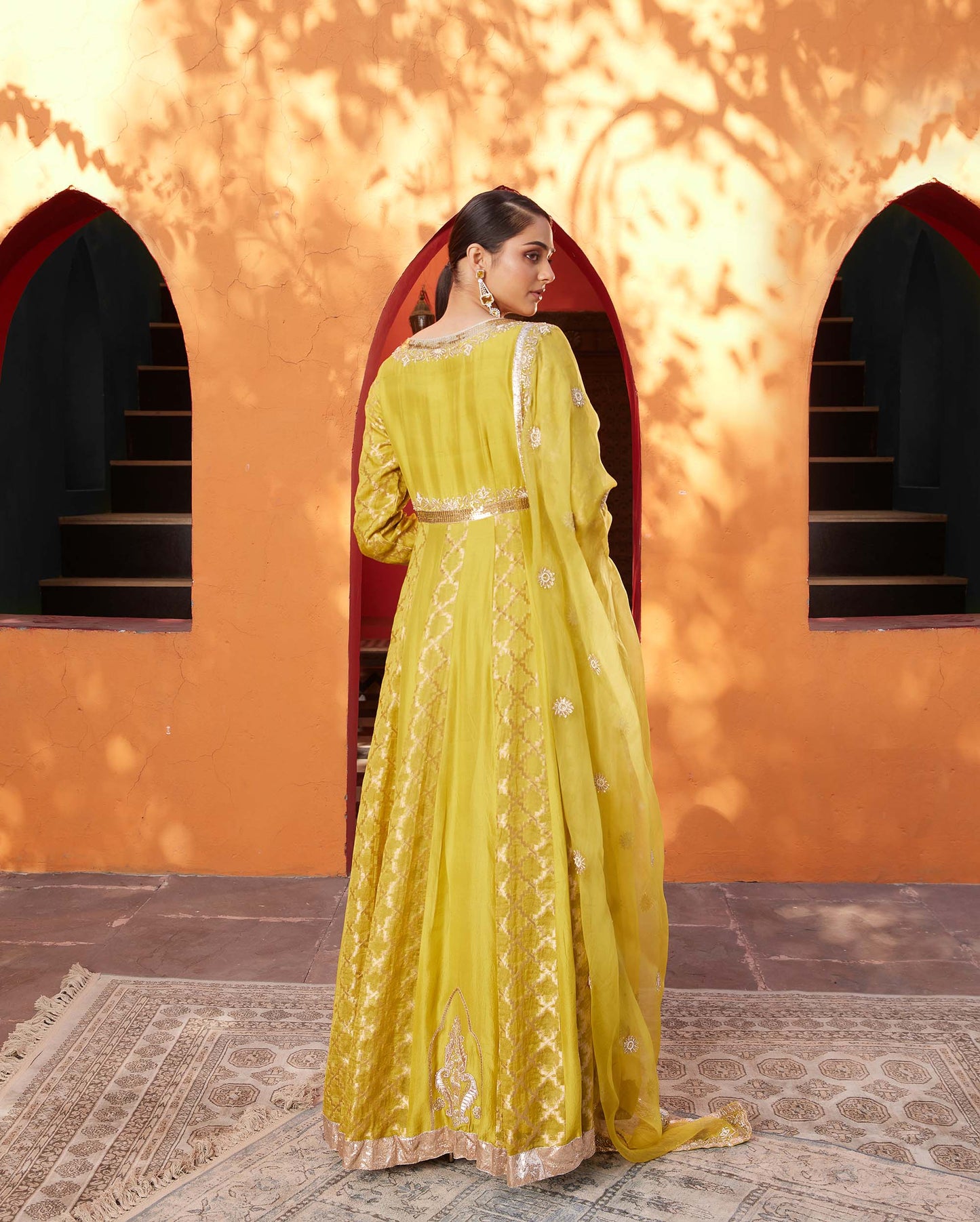 Mughal Mustard Raw silk Hand Embroidered Haldi Anarkali set