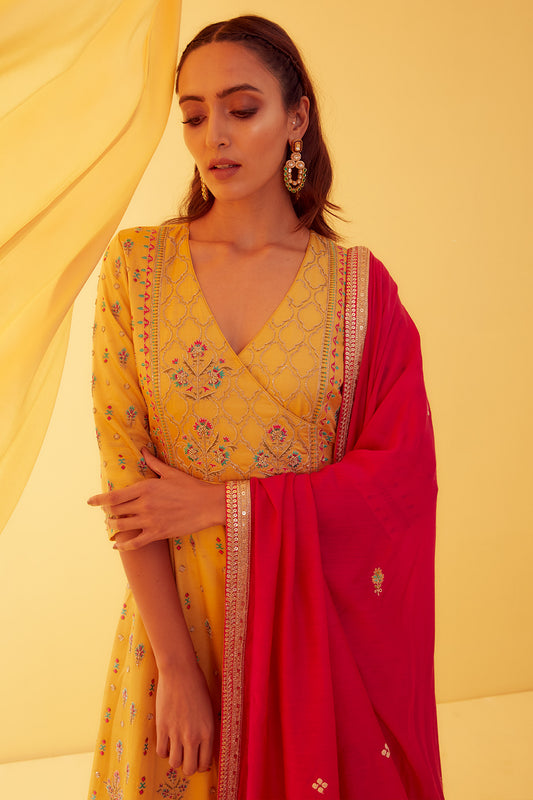 Canary Yellow Mughal Motifs Anarkali set - Aarambh