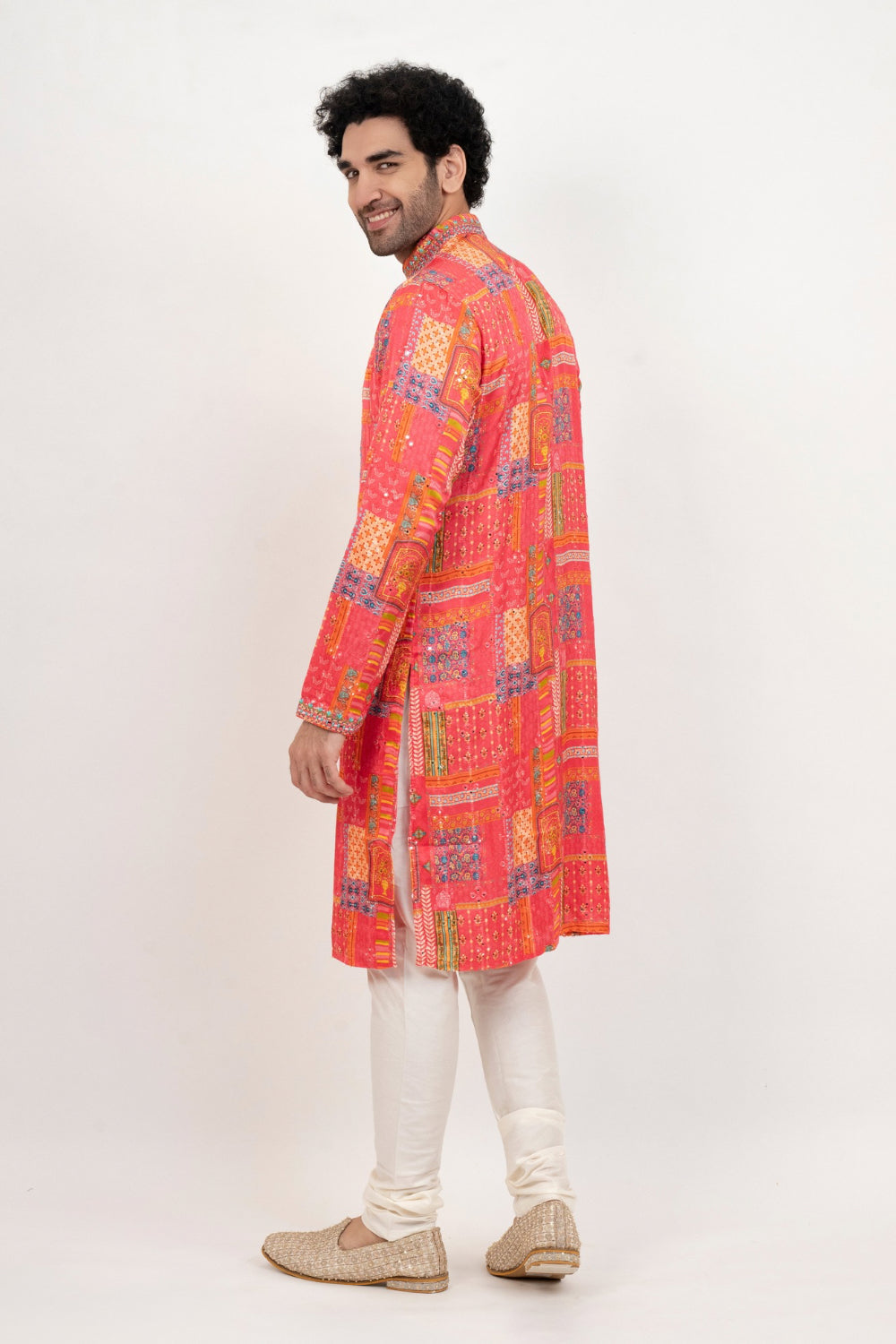 Salmon pink resham embroidered satin lenin kurta set with kasab and mirror work