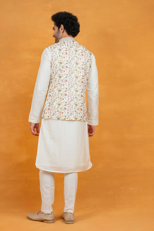 Off-White silk koti set with golden thread embroidery
