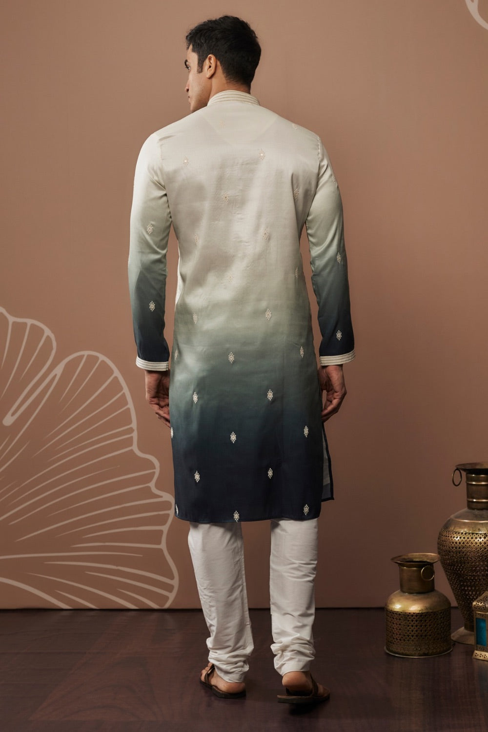 Blue shaded silk kurta and pajama with hand and machine work - XL