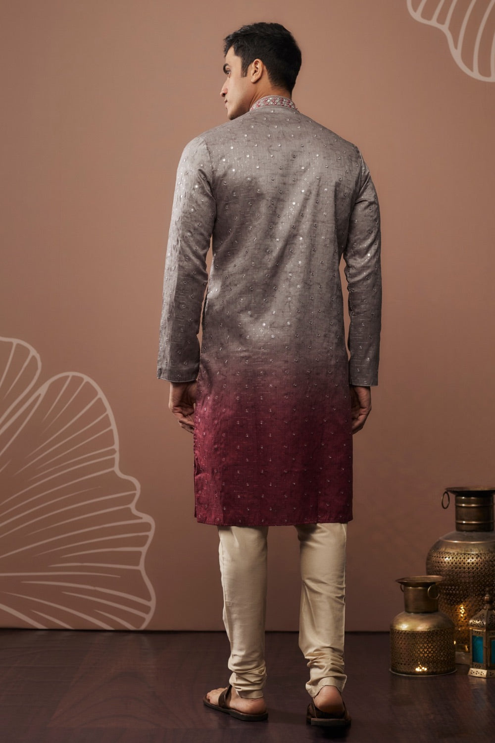 Silver and wine shaded silk kurta & pajama with hand & machine work
