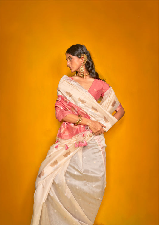 White Krystal Lotus Tussar Handloom Saree
