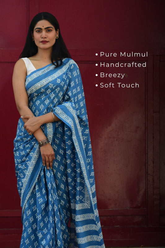 No Rules - Mulmul Cotton Block Printed Blue Saree