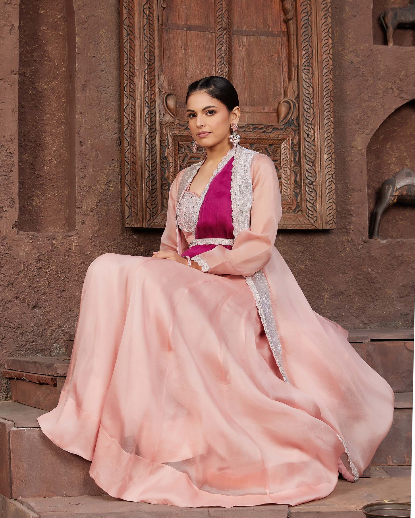 Art Deco Peach Organza Hand Embroidered Bridesmaid Lehenga