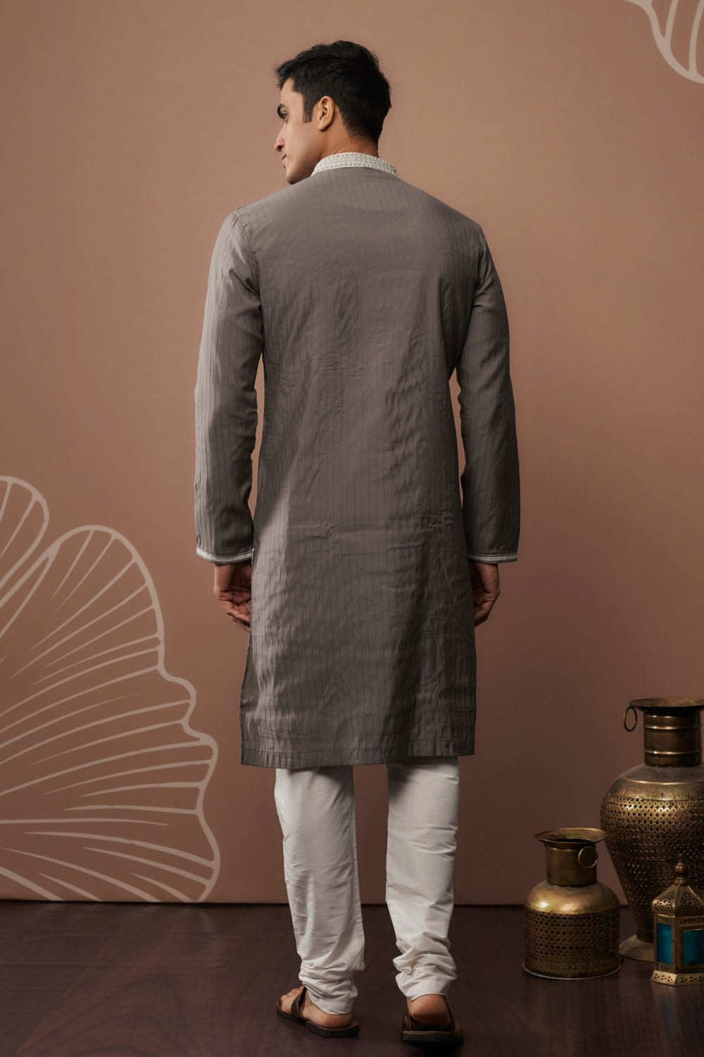 Taupe embroidered silk kurta set