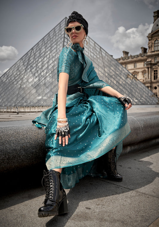 Teal Green Kamzah Silk Pure Satin Nylon Handloom saree