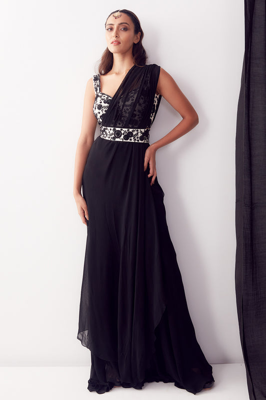 Black & White Applique Work Pre-DrapedSaree Concept With Pants - Aarambh