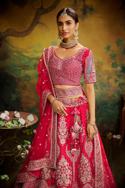 Red Pure Silk Moti & Zarkan heavy embroidery Lehenga