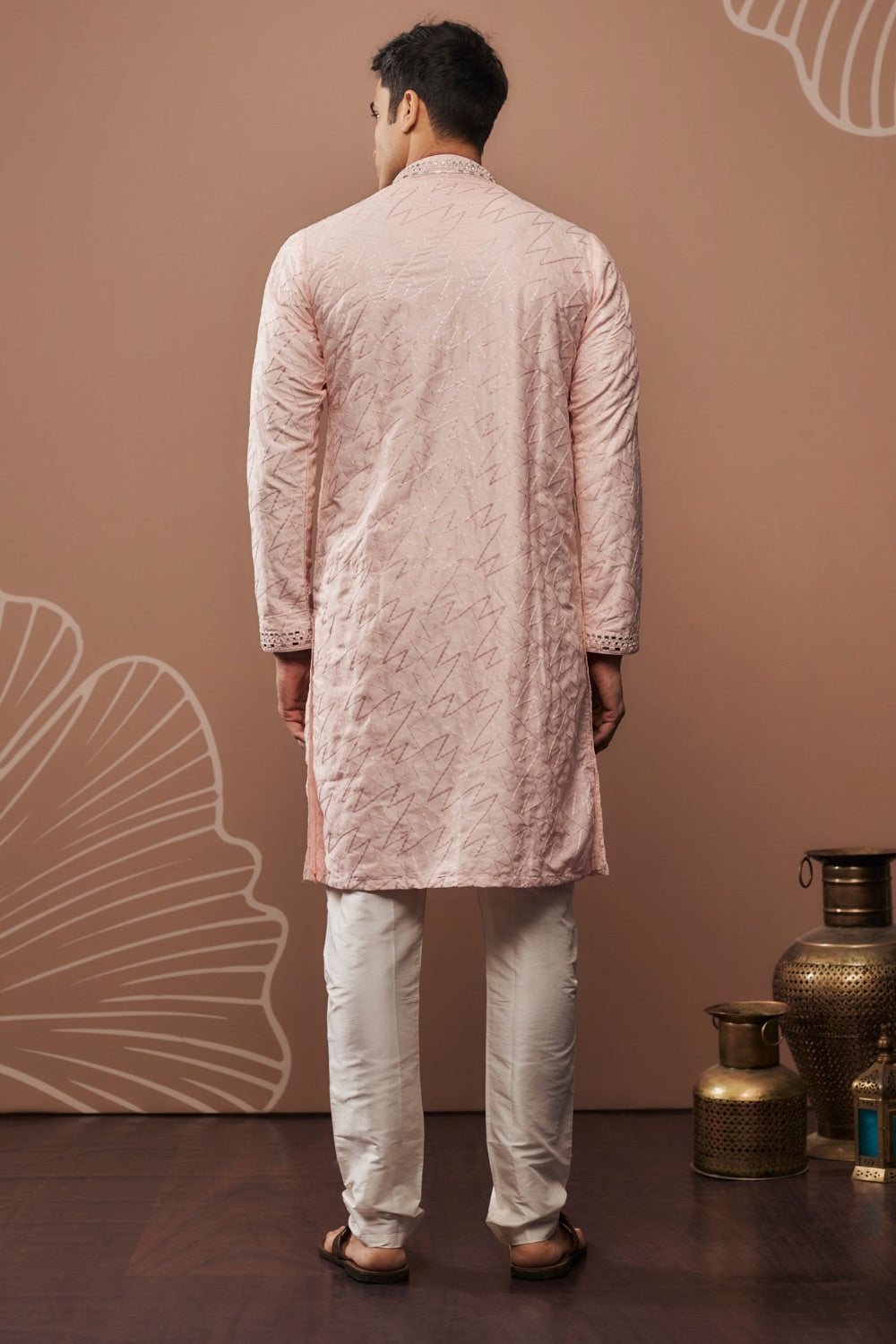 Peach silk kurta set with hand and machine work