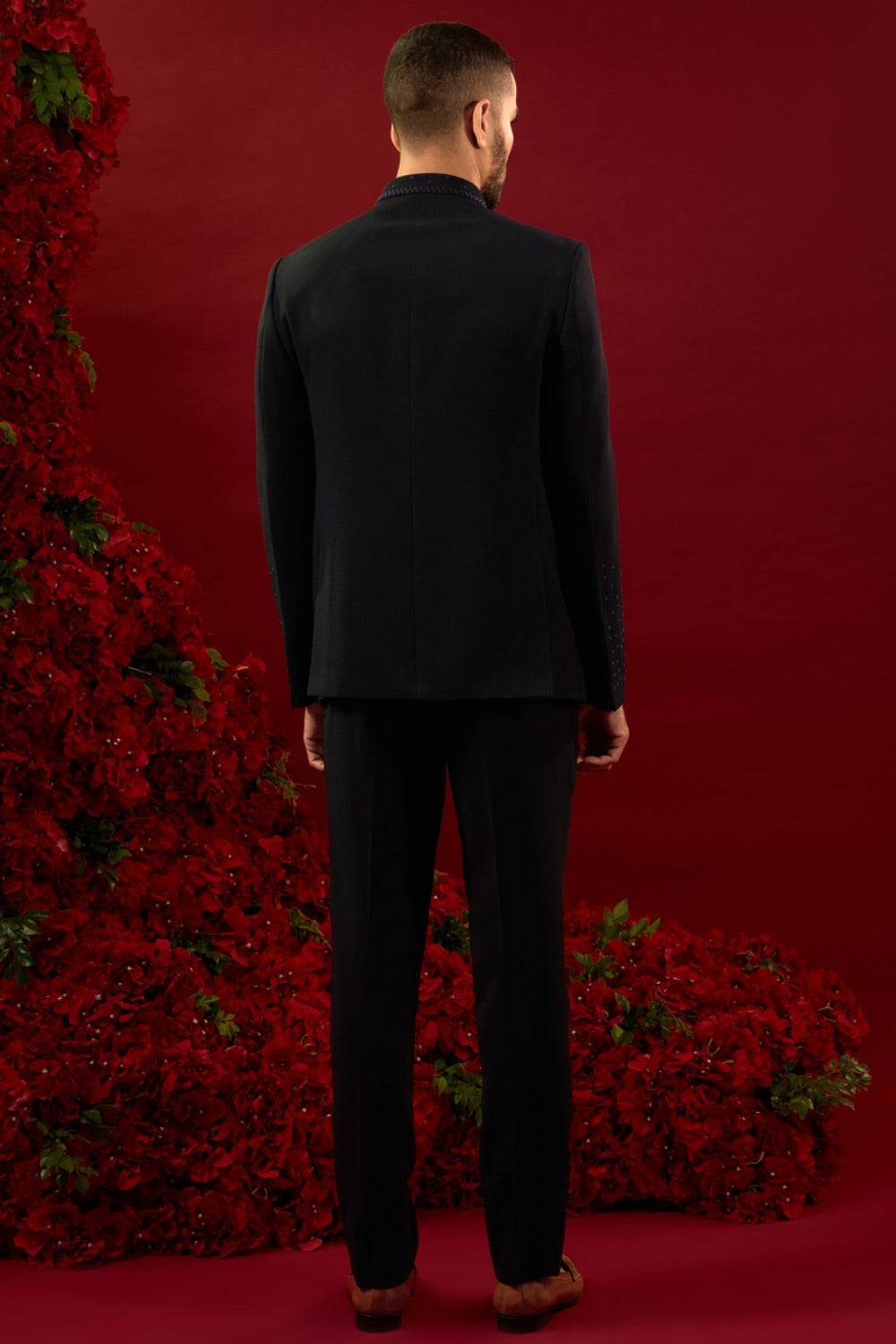 Black silk suit set with machine work