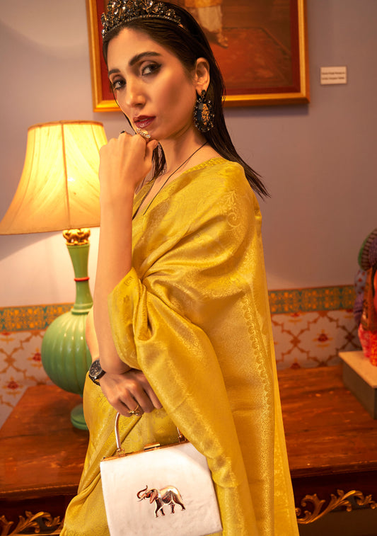 Yellow Kanupama Silk Nylon Satin Woven Saree