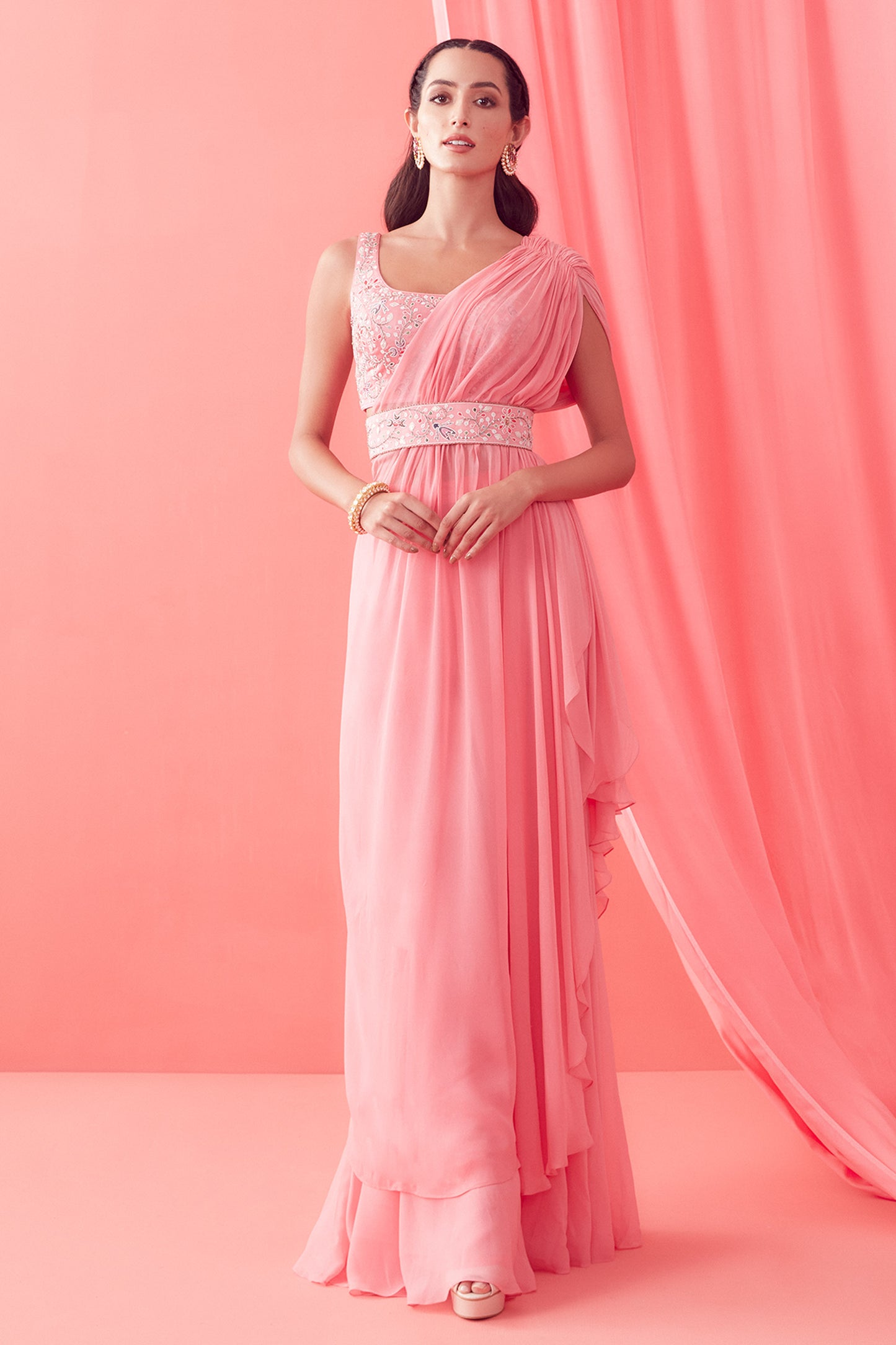 Soft Pink Pre Draped Pant Saree - Aarambh