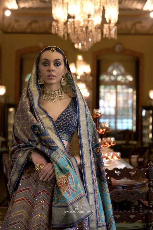 Blue and Grey Color Mirror Work Bridal Lehenga