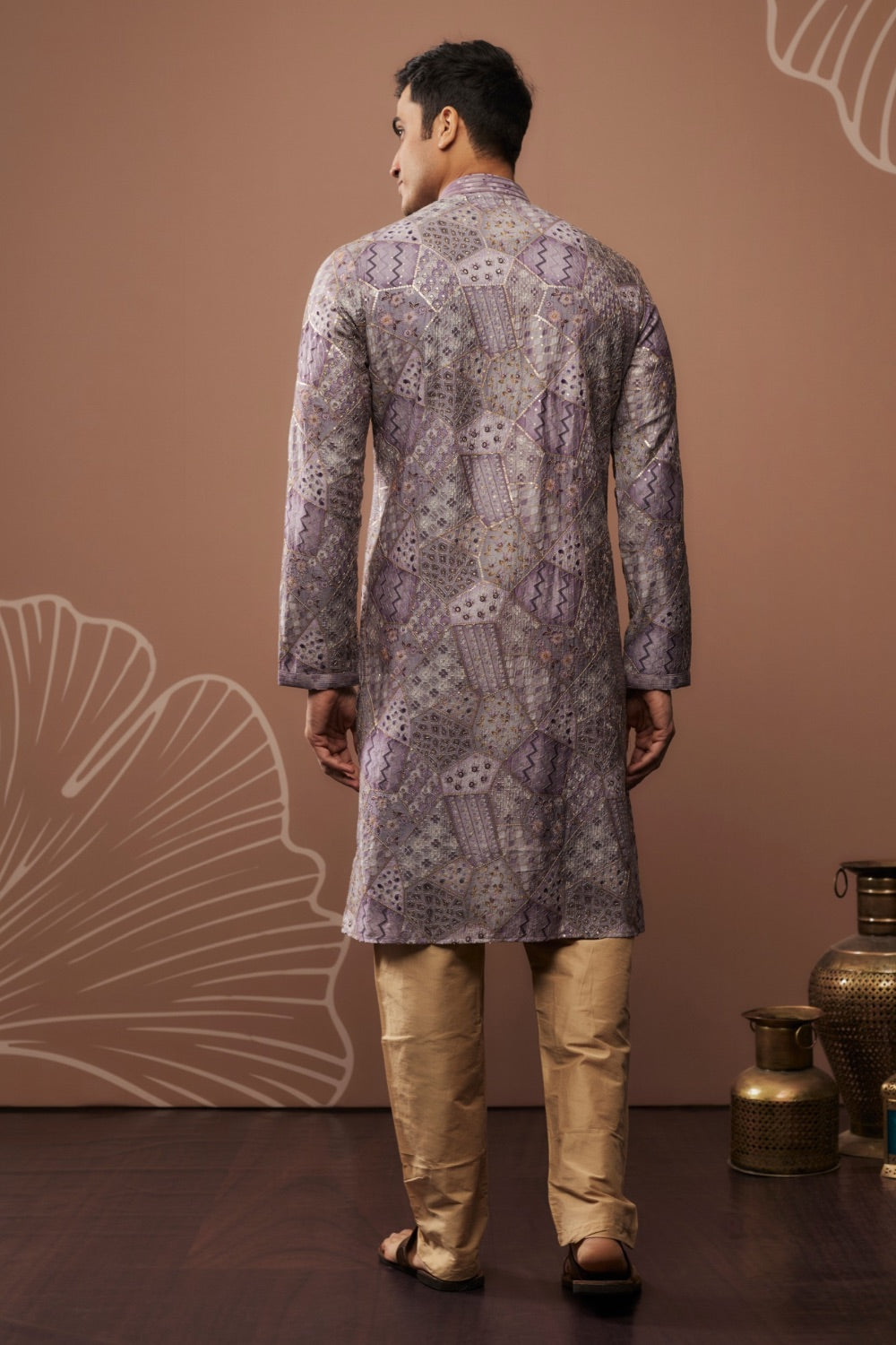 Silver silk kurta set with hand and machine work