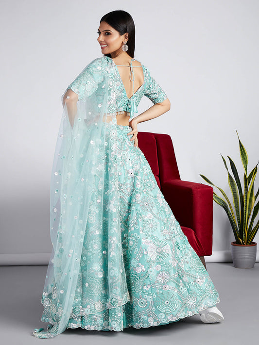 Turquoise blue Organza Sequins, Zarkan and thread embroidery Lehenga