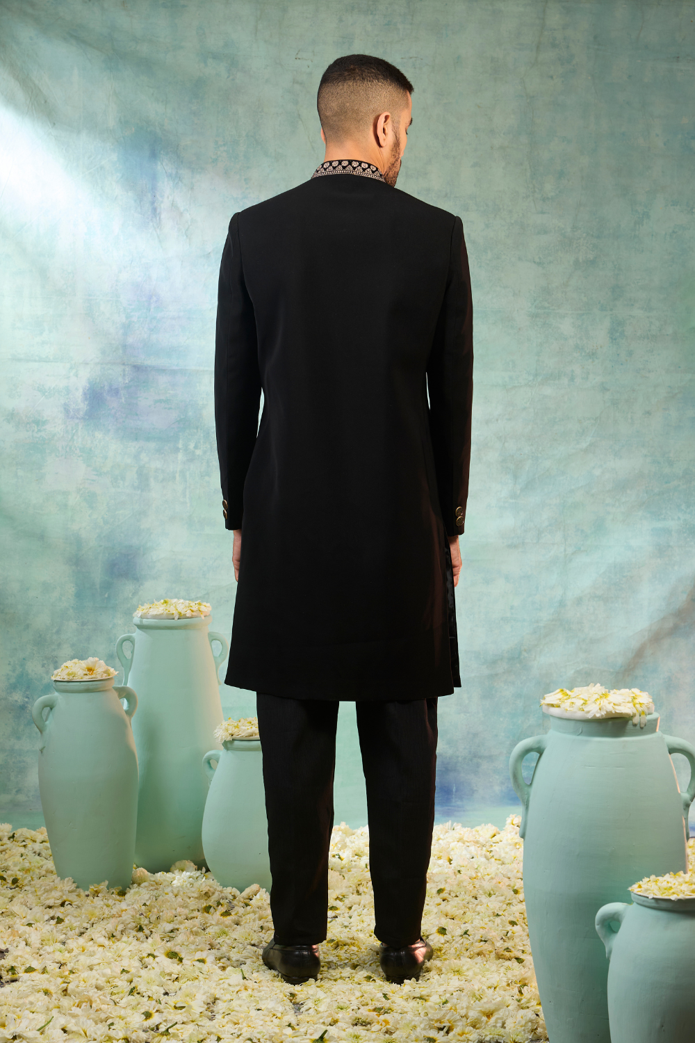 Black suiting sherwani with thread embroidery