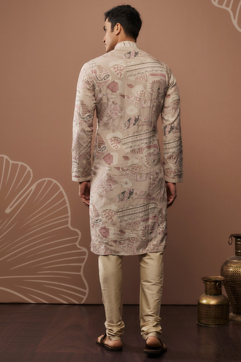 Beige silk kurta set with hand and machine work