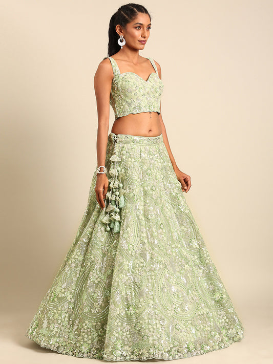 Lime Green Net Sequins and Zarkan embroidery Lehenga