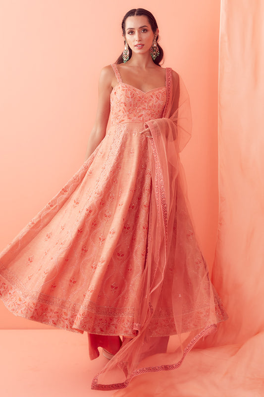 Peach Tonal Embroidered Anarkali Set - Aarambh
