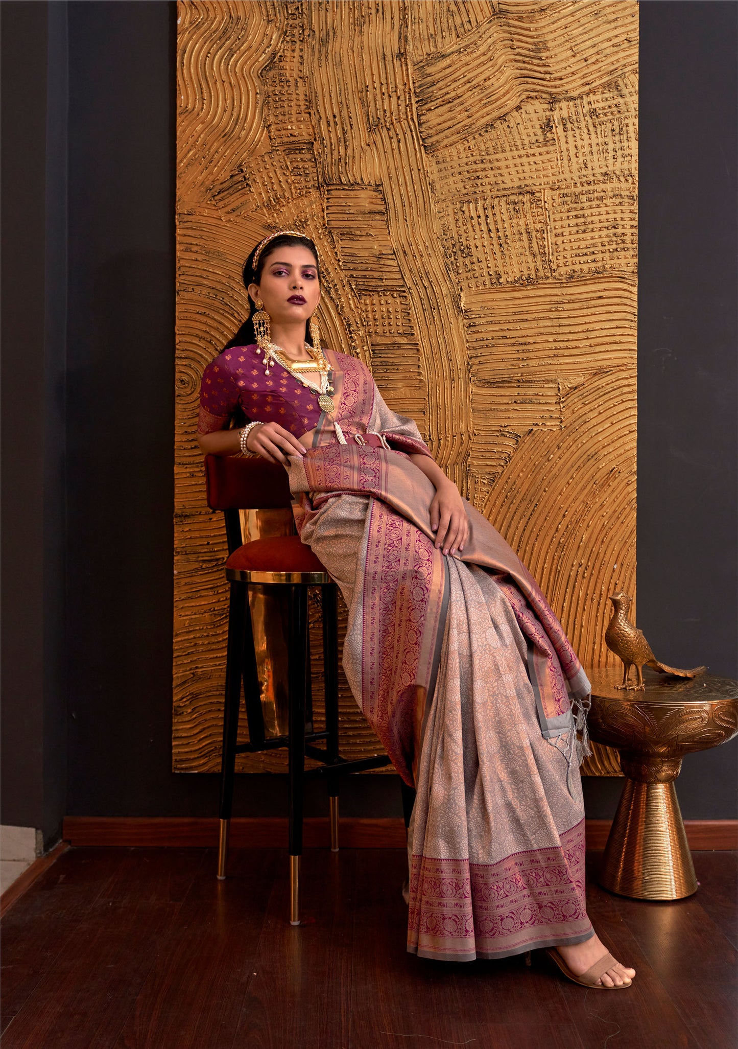 Light Brown Purple Kamiya Silk Chap handloom Saree