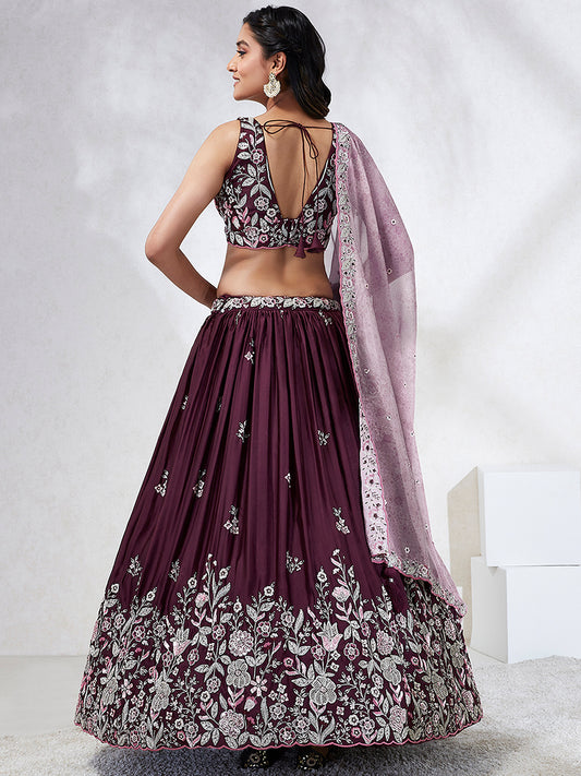 Burgundy Georgette Sequins and thread embroidery Lehenga