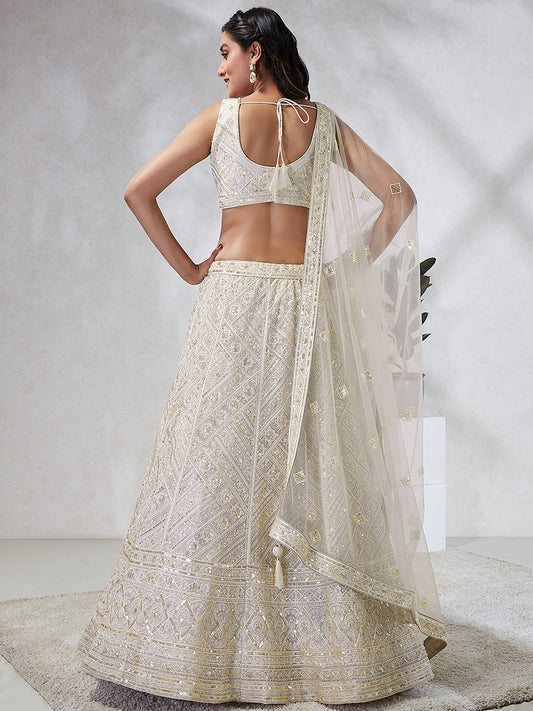 Cream Net Cutdana, Sequins and Zarkan embroidery Lehenga