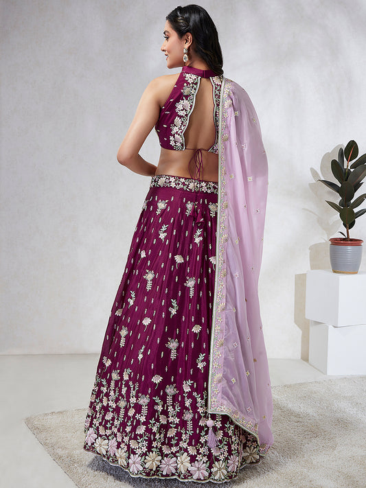 Burgundy Georgette Sequins and thread embroidery Lehenga