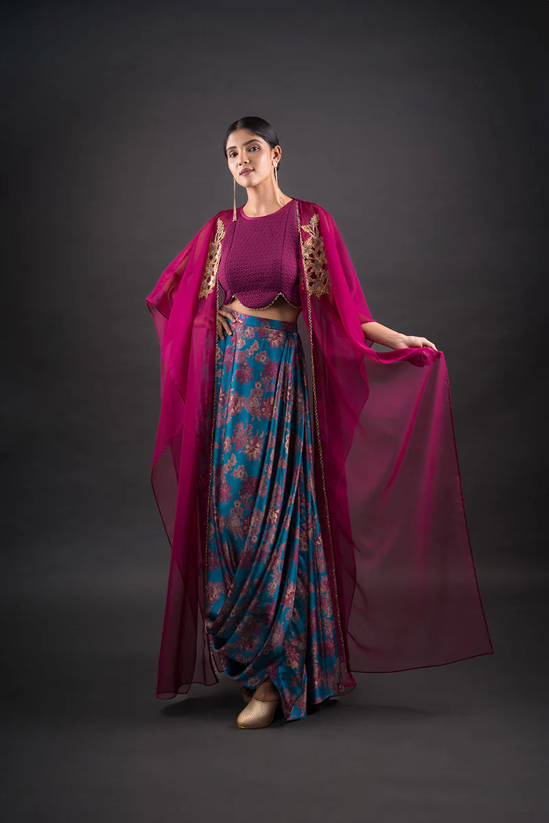 Wine Scalloped Edge Quilted Crop-Top with Draped Floral Skirt