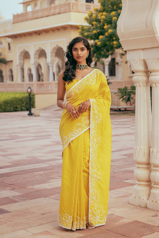 Sunshine Yellow Chanderi Silk Ajooba Saree Set