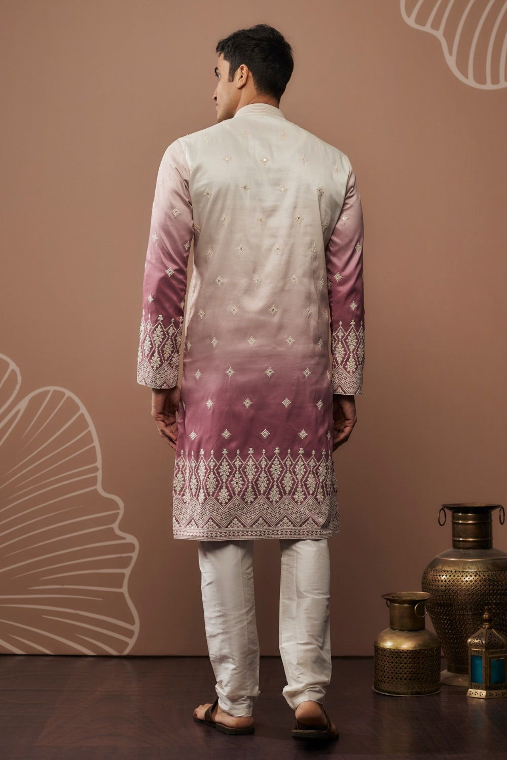 White-lilac ombre embroidered silk kurta set