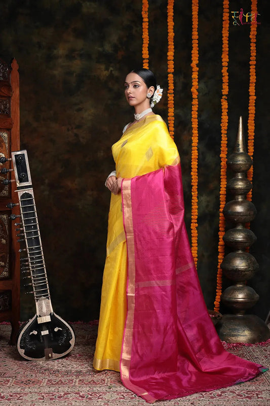 Handloom Bright Yellow Pure Silk Kanchi Contemporary Saree