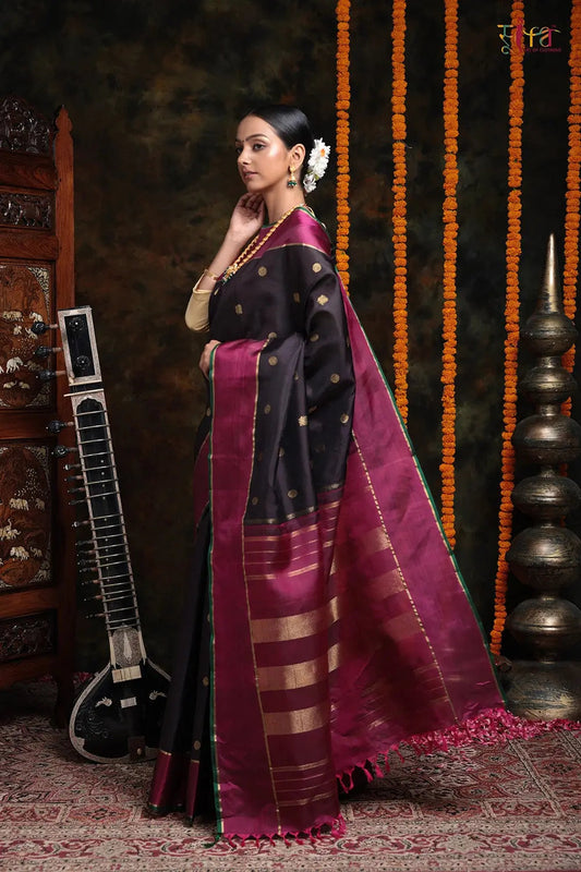 Handloom Black Kanchipattu Saree With Rudraksh Booti