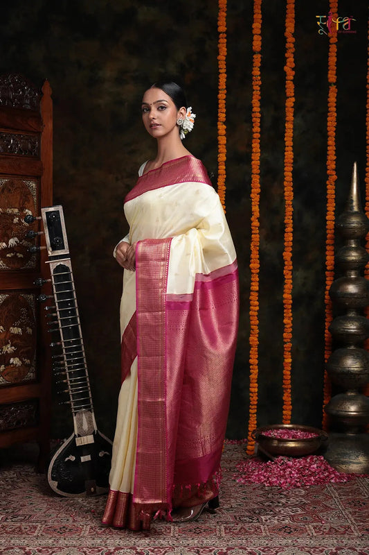 Handloom Cream Kanchipattu Saree With Hot Pink Golden Zari Border
