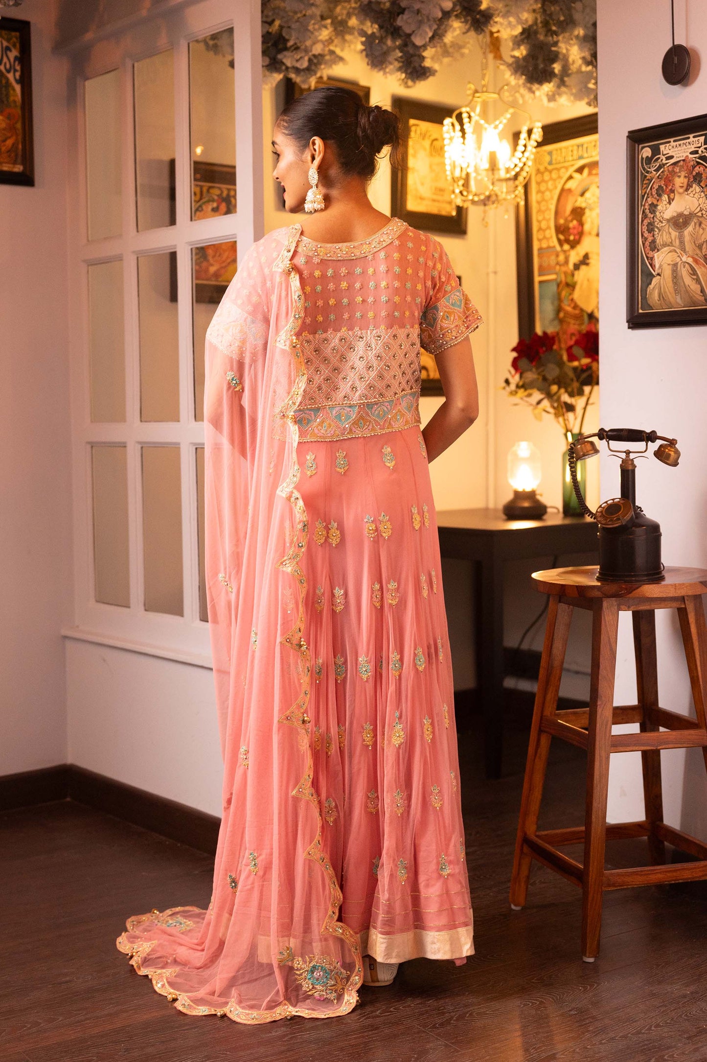 Pietra Dura Pink Net Machine Embroidered Bridesmaid Anarkali