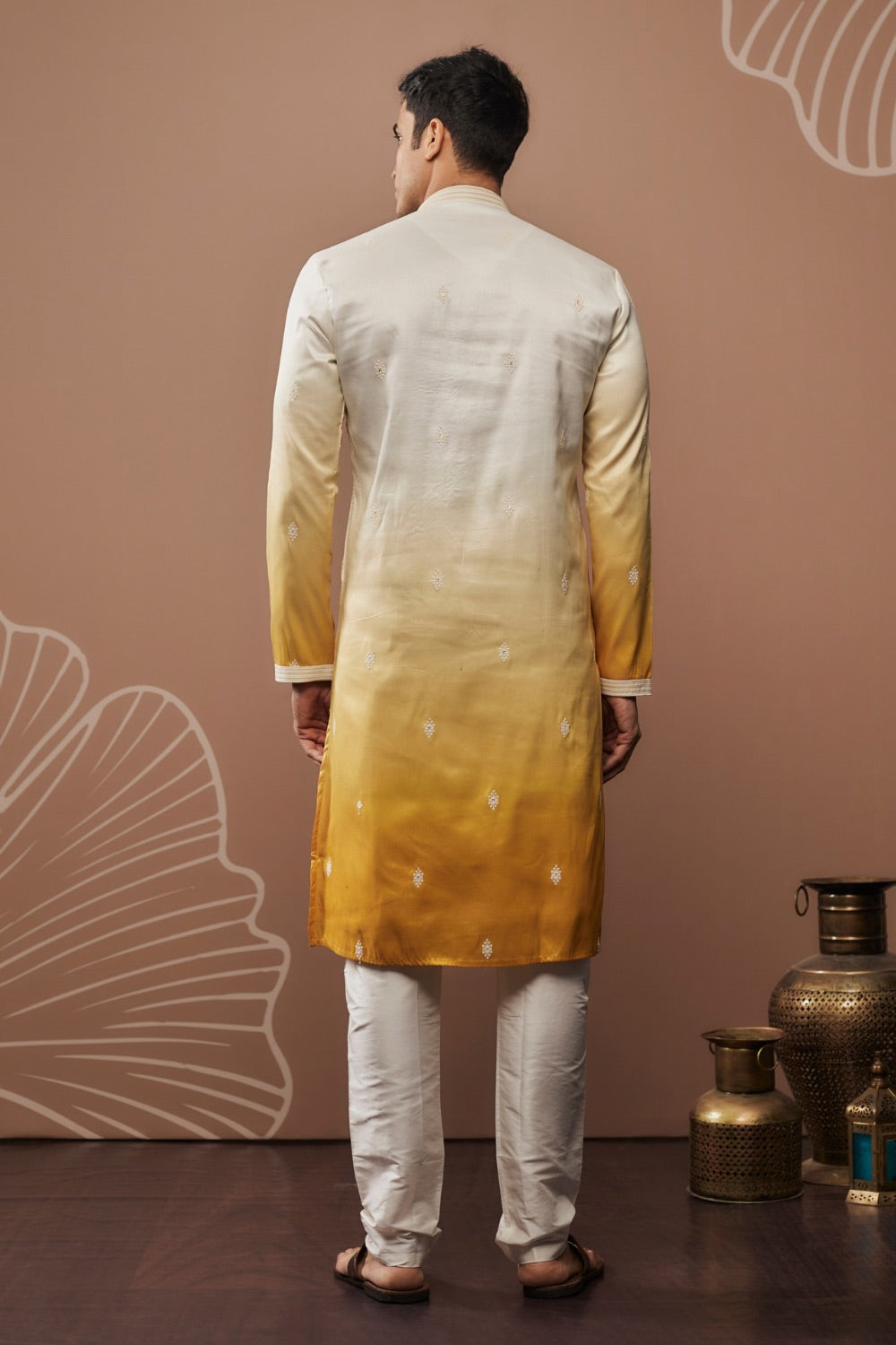 White-yellow ombre silk kurta set with mirror work