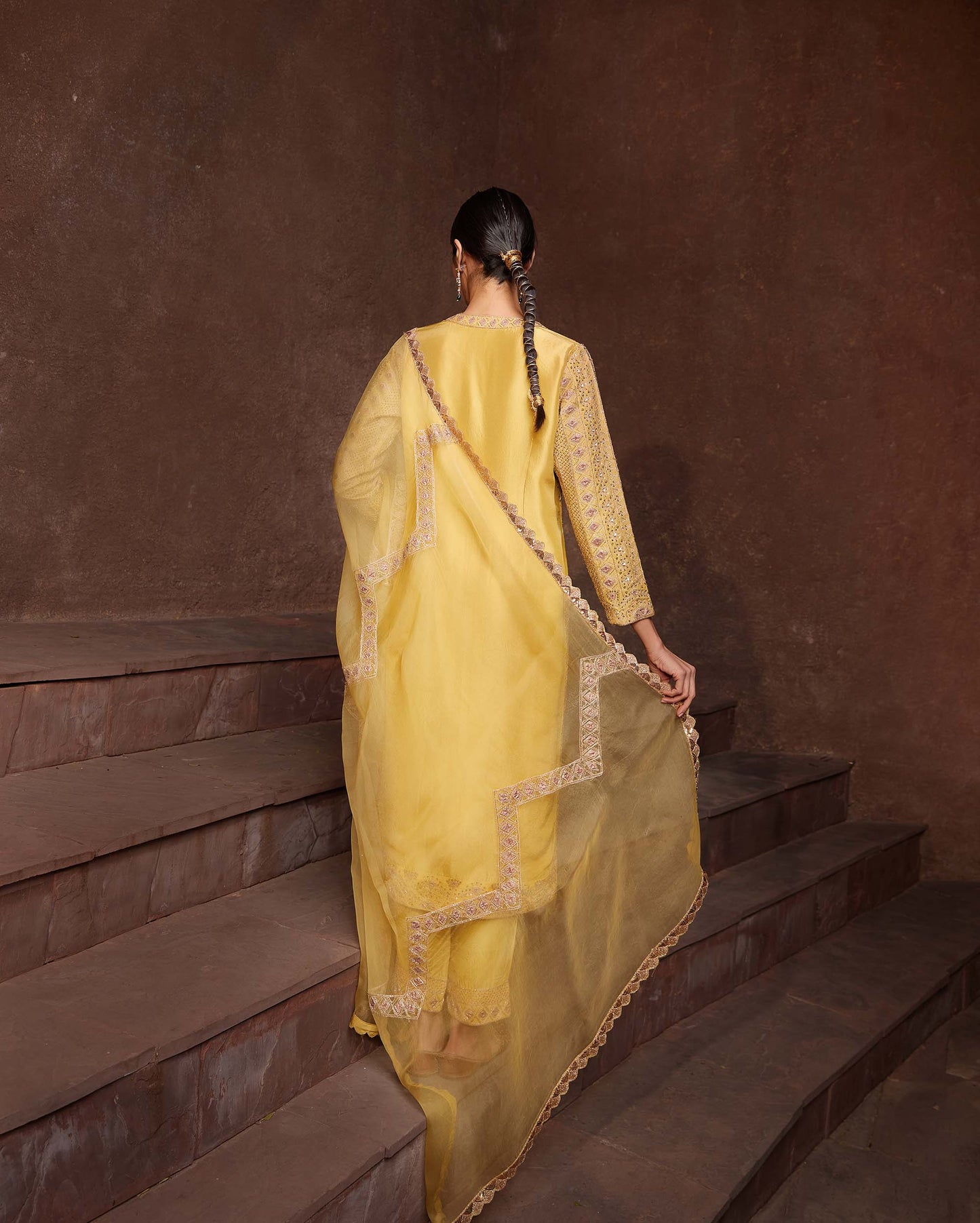 Art Deco Mustard Crepe Hand Embroidered Haldi Kurta set