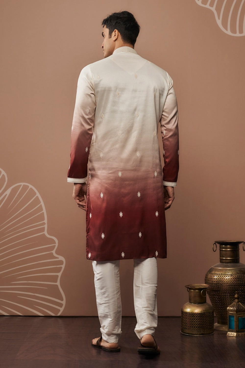 White-wine ombre silk kurta set with mirror work
