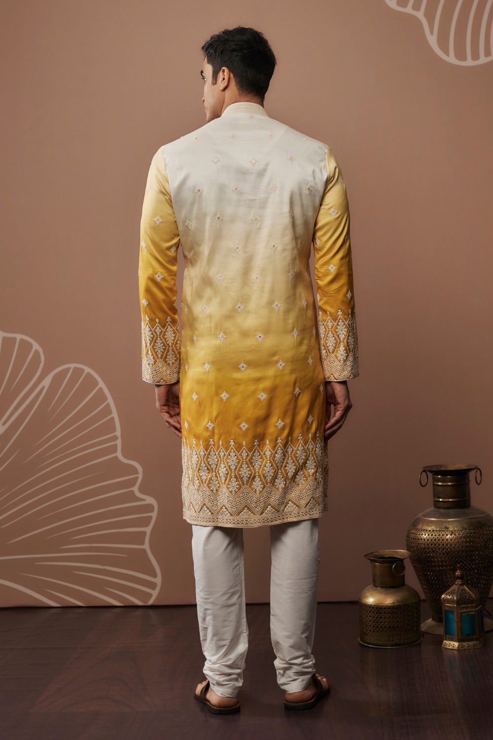 Yellow silk kurta & pajama with hand and machine work