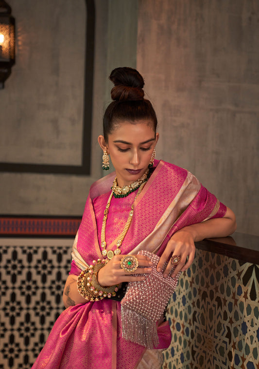 Beige Kaizaa Silk Zari Base Chaap Handloom Saree