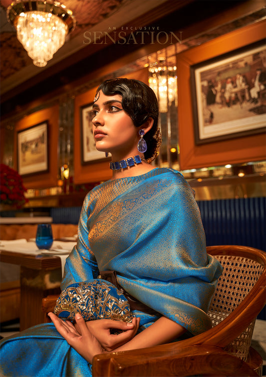 Blue Kumbal Silk Nylon Satin Zari woven saree