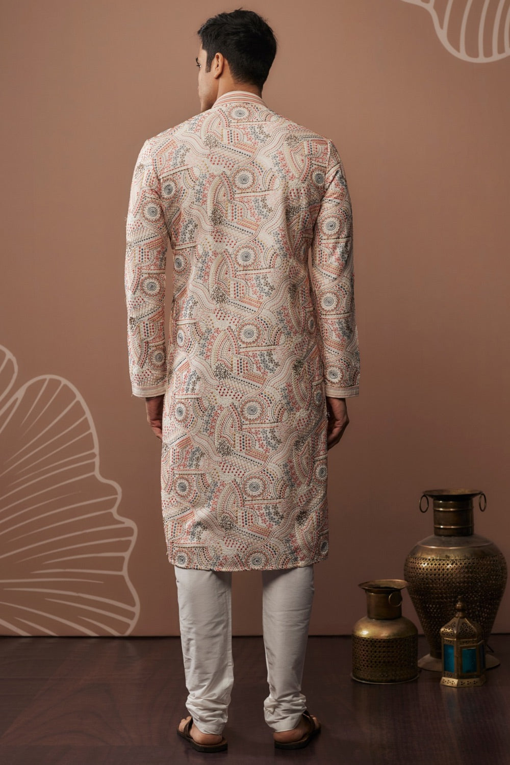 White silk kurta and pajama with colourful hand and machine work