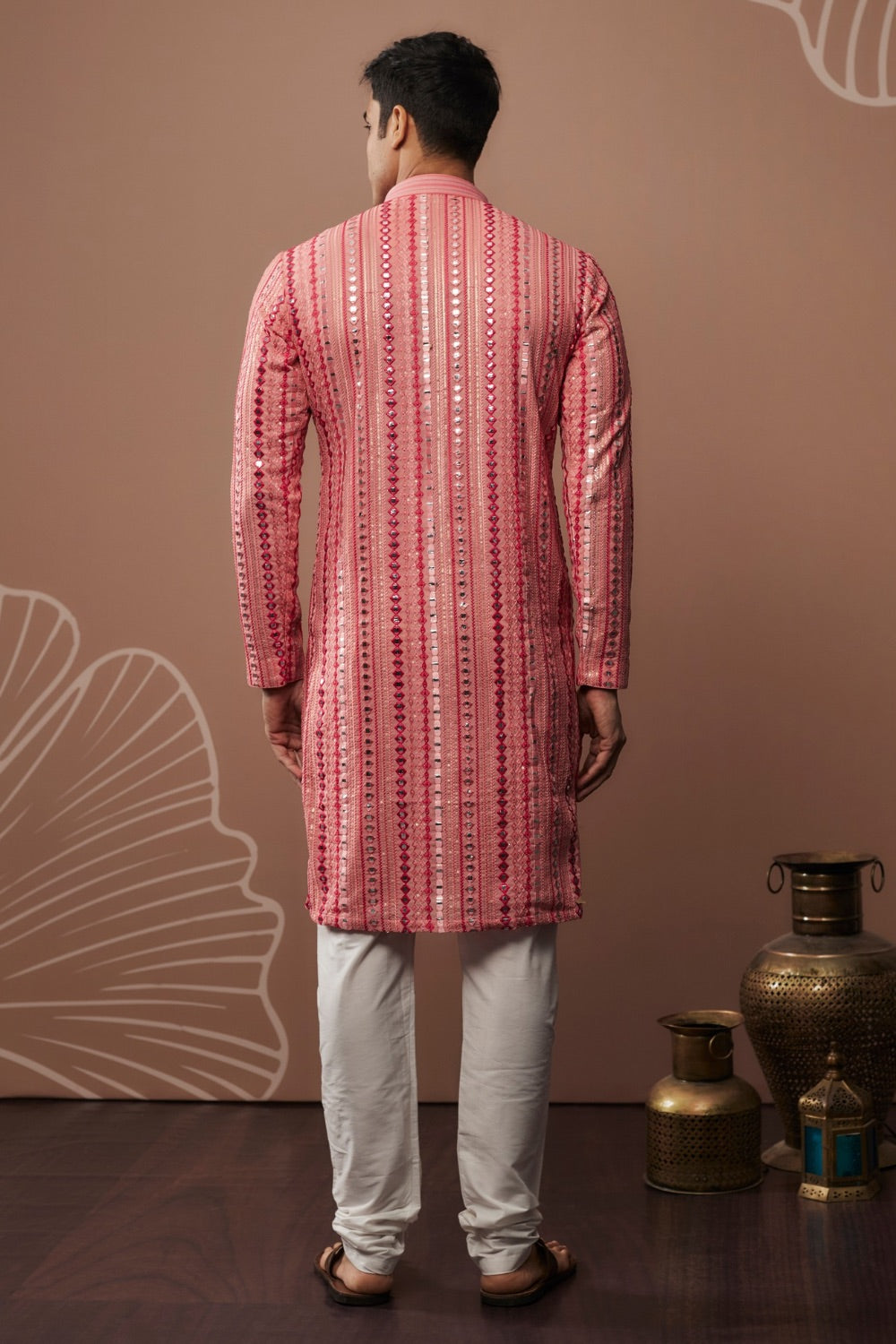 Pink striped silk kurta set with mirror work