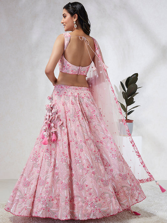 Pink Georgette Sequins and thread embroidery Lehenga