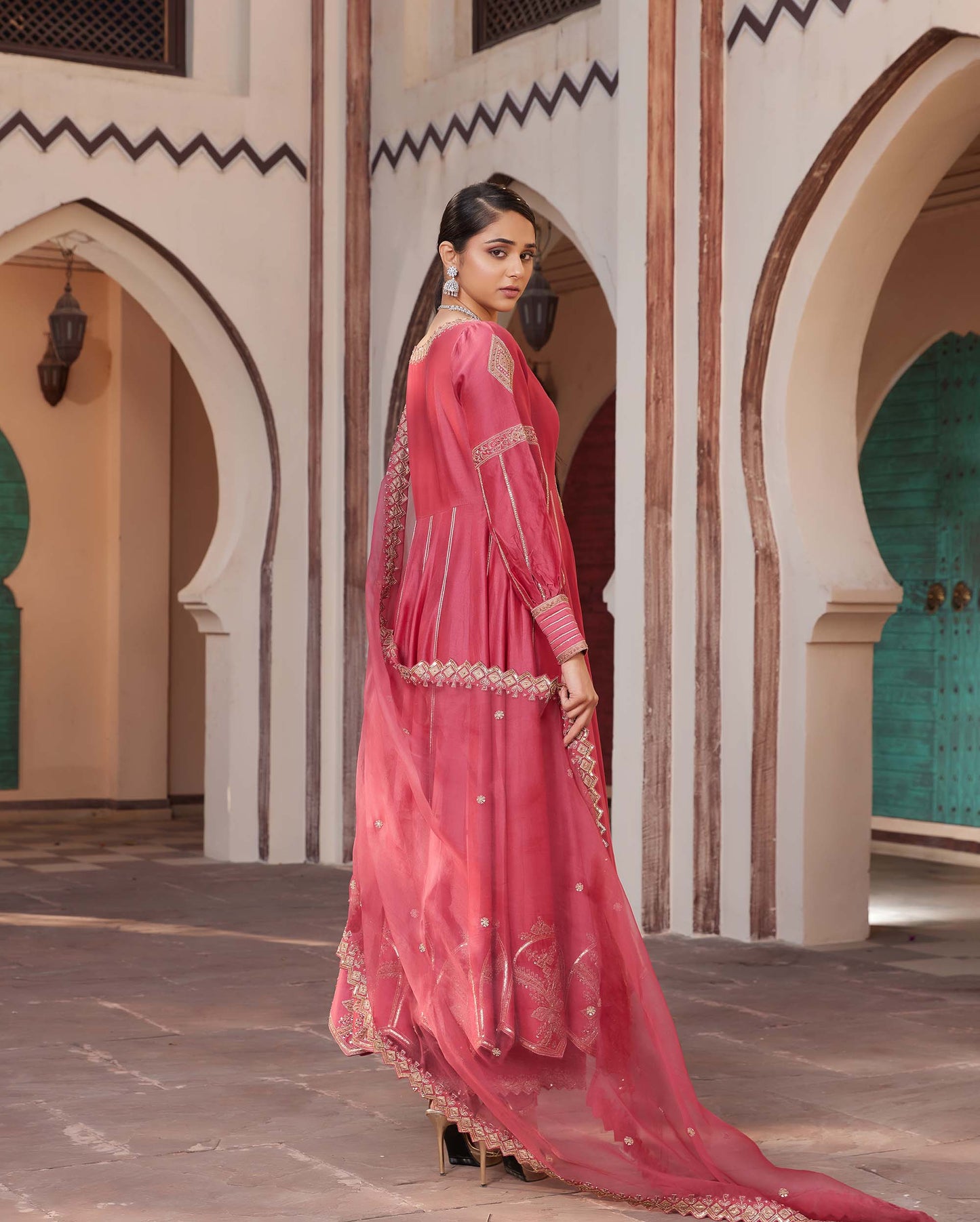 Art Deco Red Pure silk chanderi Machine Embroidered Engagement Anarkali set