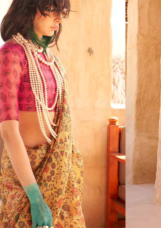 Pale Yellow Komet Printed Zari Handloom Tissue Saree