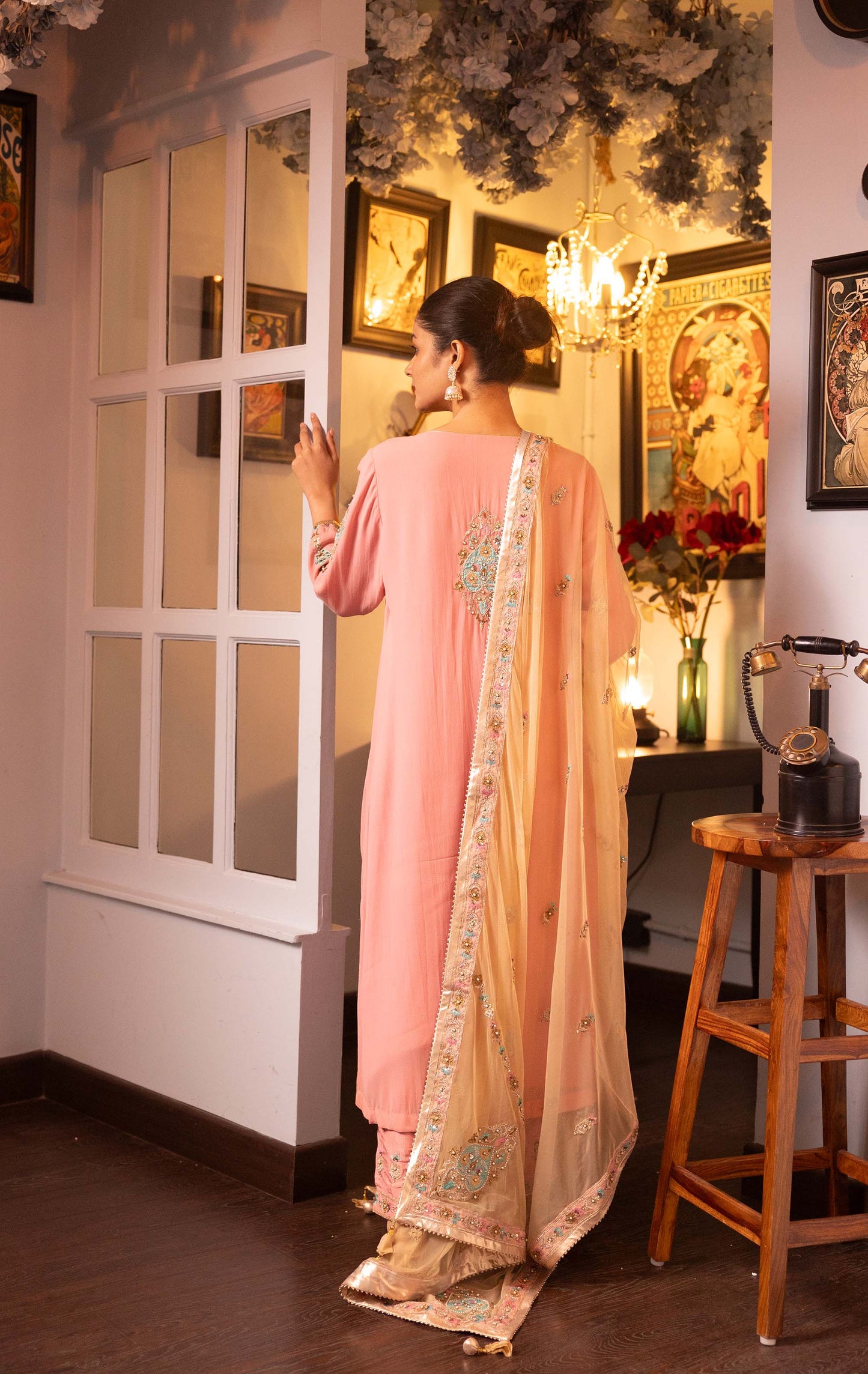 Pietra Dura Pink Georgette Machine Embroidered Engagement Kurta set